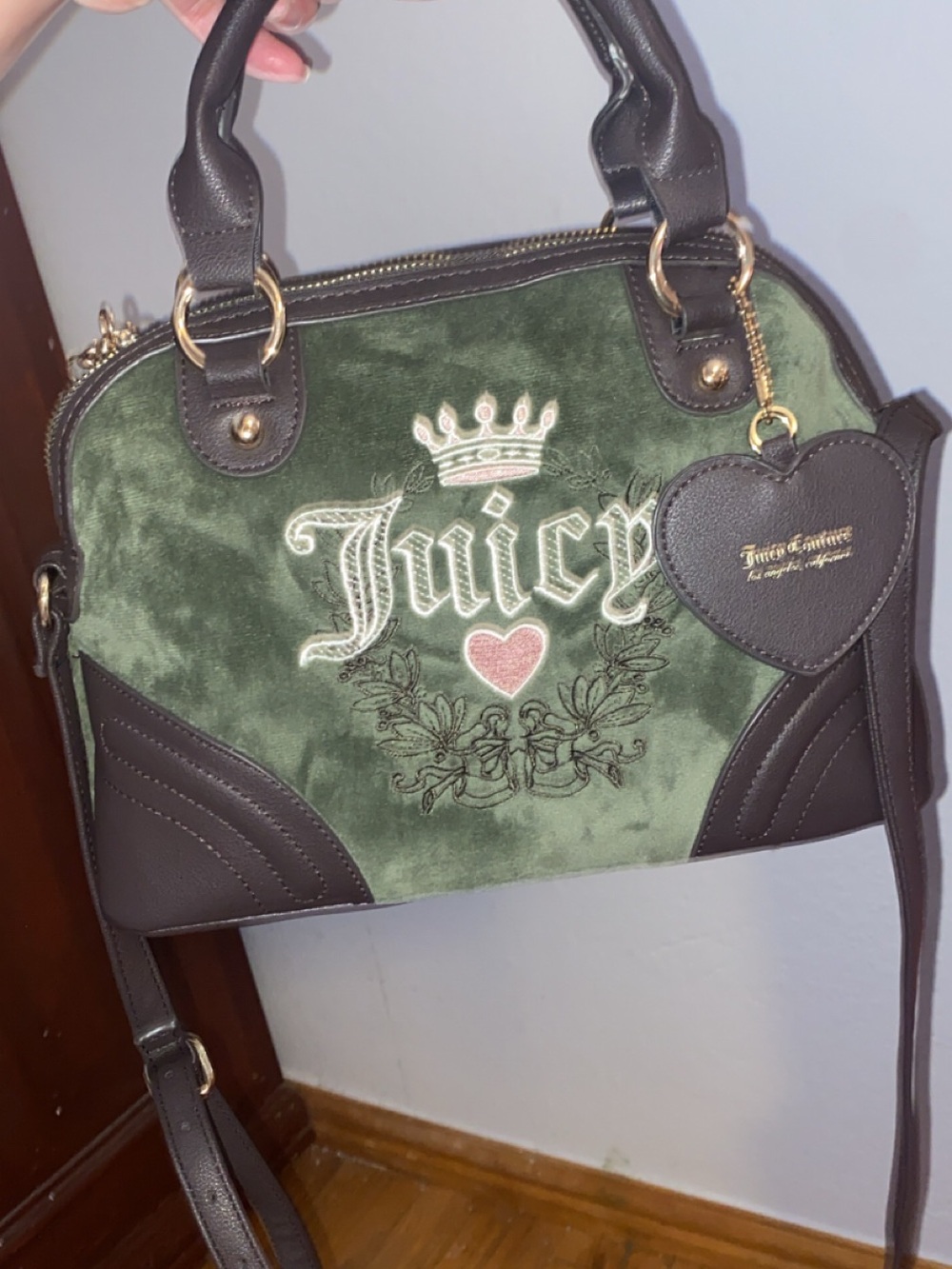 Juicy Couture Green Velvet Satchel with Heart Charm and Brown Trim